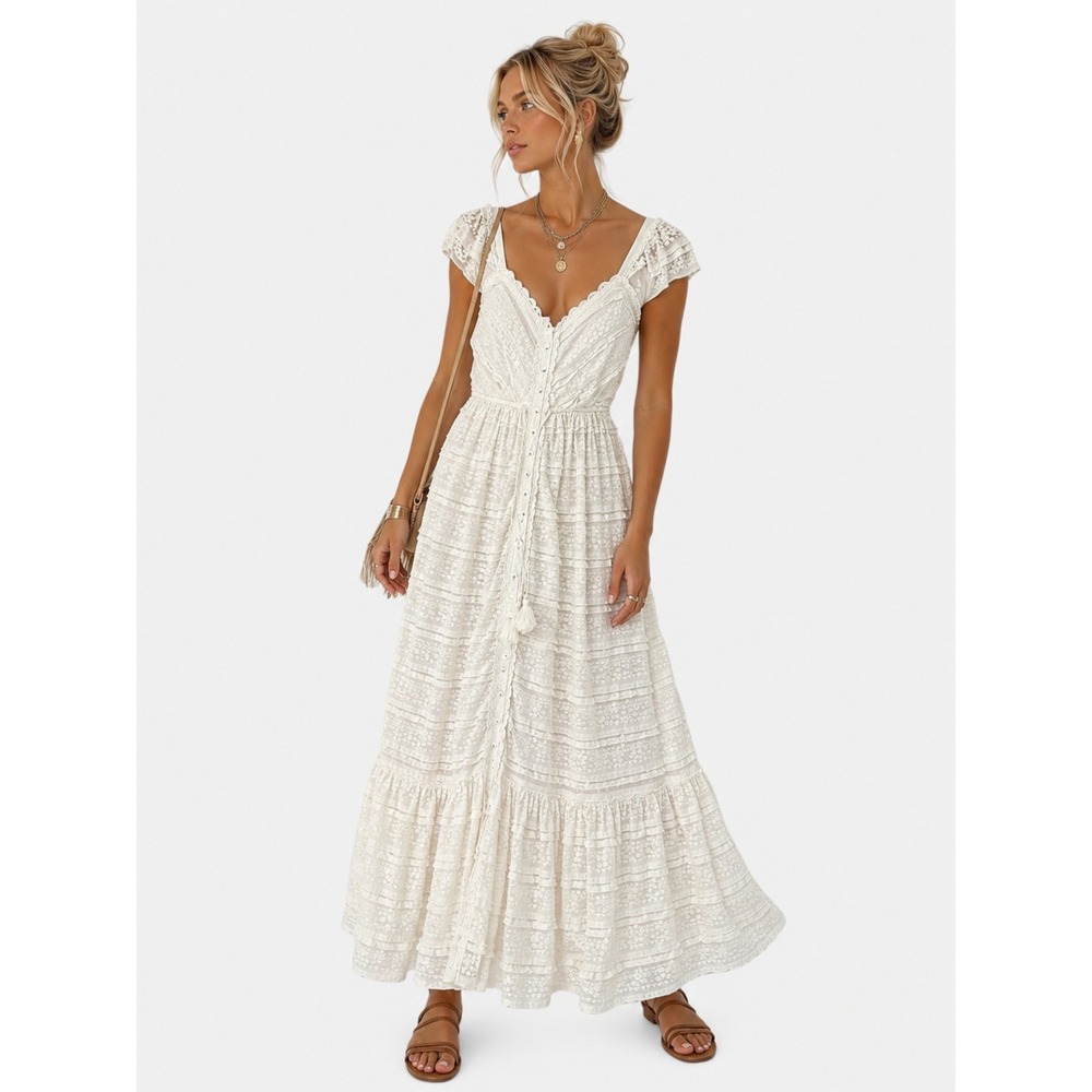 A Collective Story White Floral Lace Tiered Maxi Cottagecore Boho Dress Size L